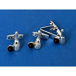 Vintage Silver Tone Bowling Pin & Ball Cufflink's And Tie Clip Set